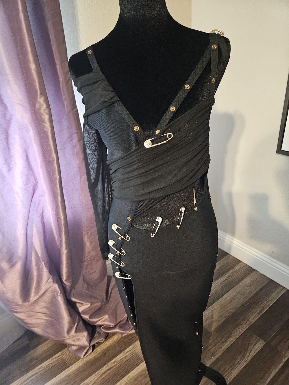 Asymmetrical Black Safety-Pin Detail Dress